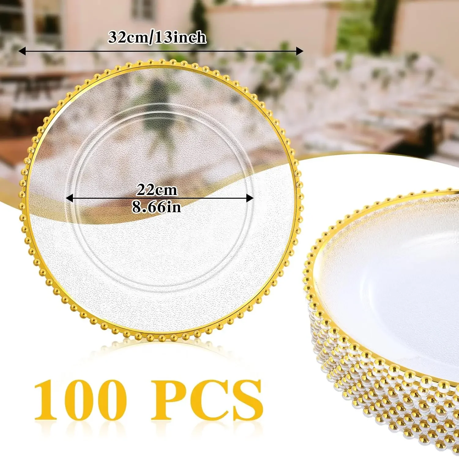 100 Pack Clear Charger Plates Bulk 13 Inch Acrylic Round Dinner Charger Plates Beaded Frosted Grain Dinner Decorative Dishes for