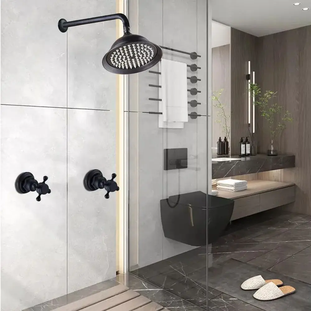 Black Brass Bathtub Shower Mixer 8 Inch Shower Head 2 handle Shower Faucets Set Rainfall Shower System Wall Mount Nbn204