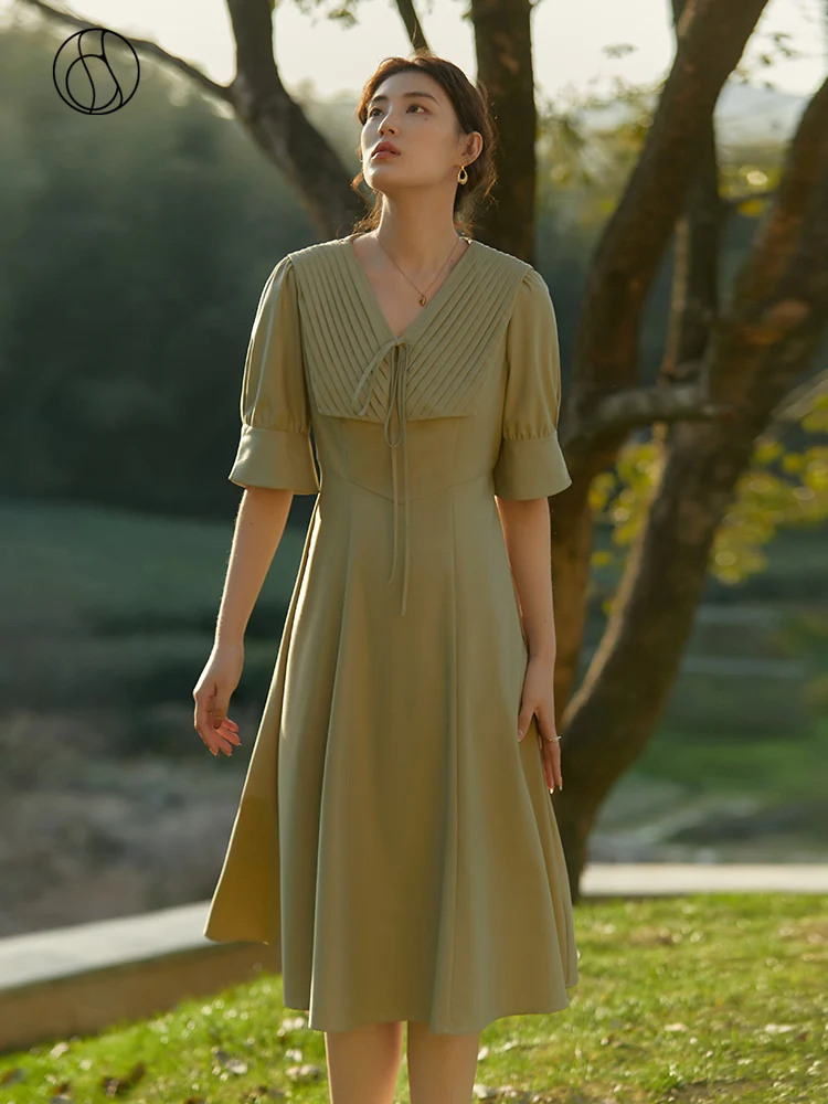 รีวิวเสื้อผ้า DUSHU Navy Collar Cool Tan Pintuck Dress สำหรับผู้หญิงในฤดูร้อน