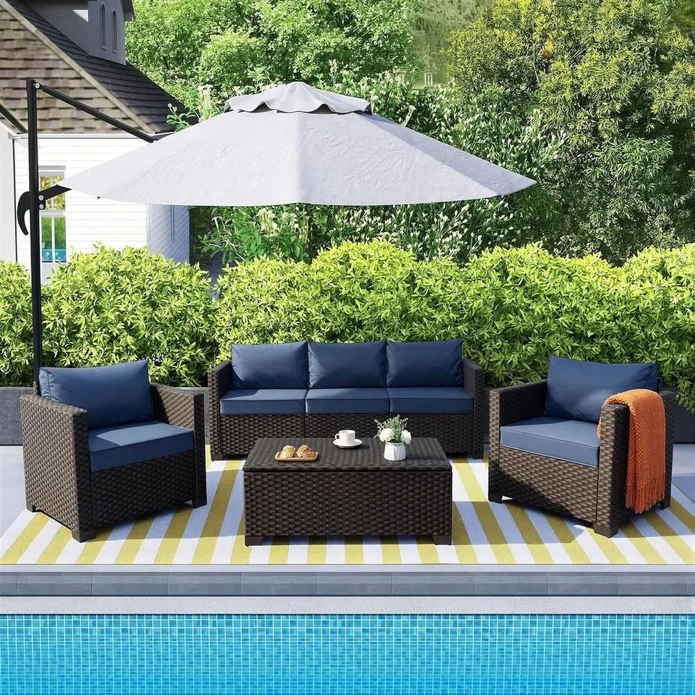 

4-Piece Outdoor Patio Furniture Set with 45 Fire Pit Table, Navy Blue Cushions & Waterproof Covers