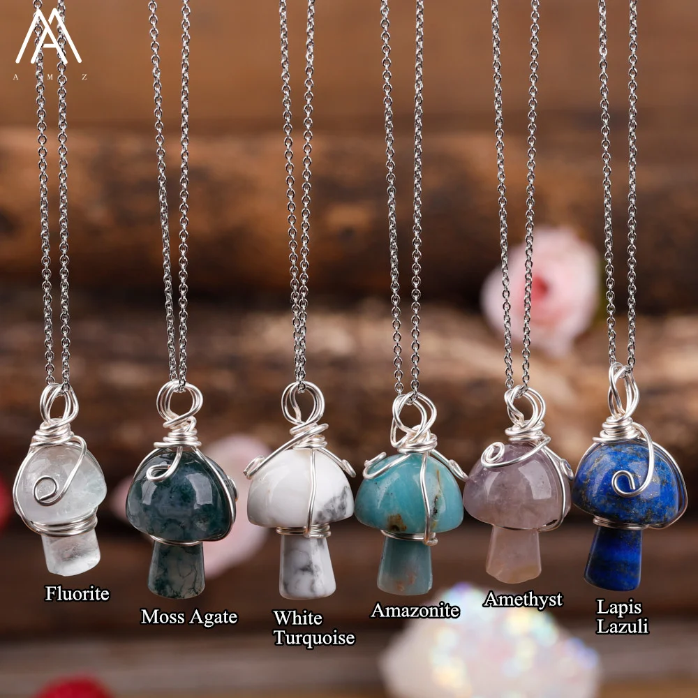 Natural Gemstones Carved Small Mushroom Pendant Necklace For Women Mineral Crystal Mushroom Silver Necklace Healing Jewelry Gift