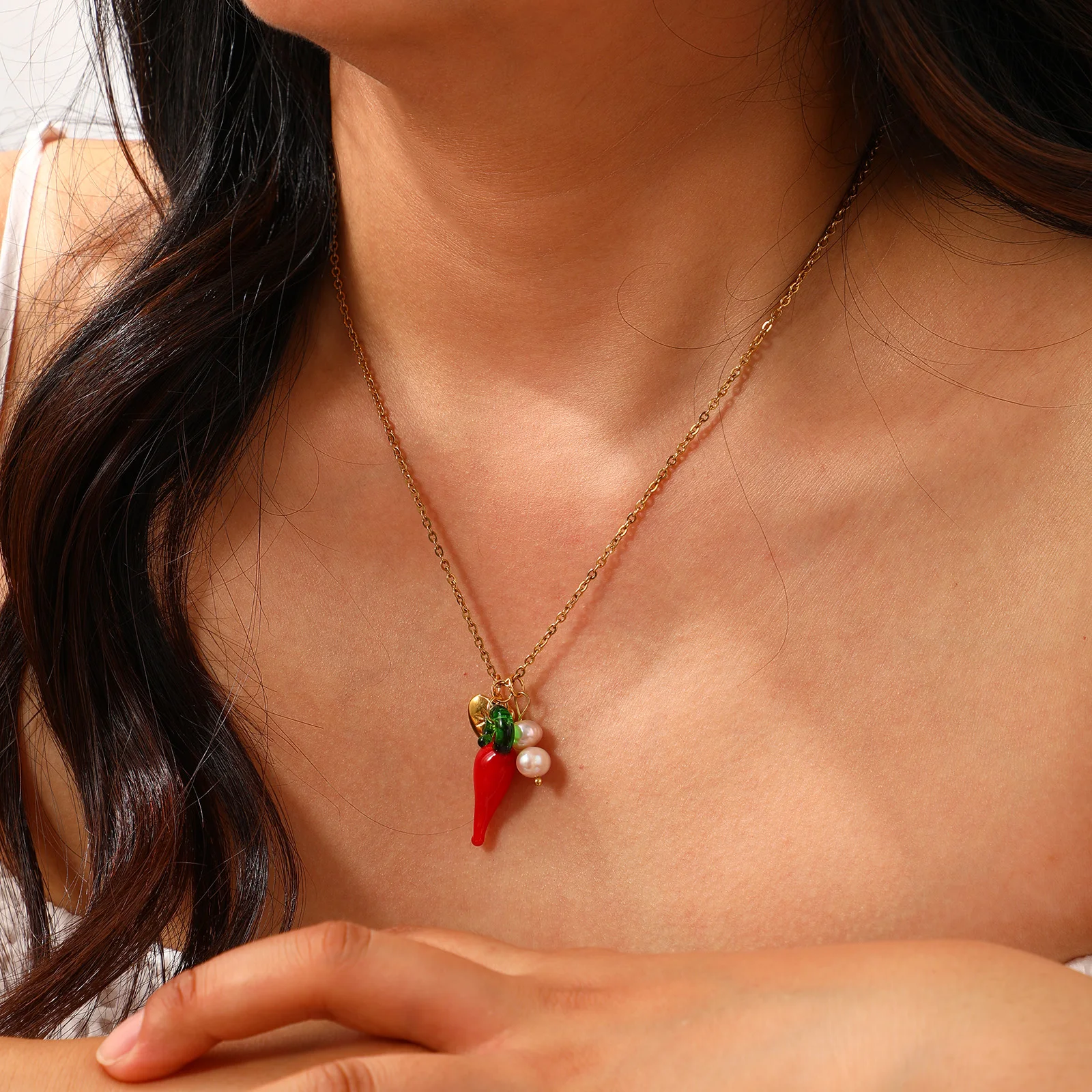 1pc Pastoral Cute Necklace Stainless Steel Link Cable Chain Red Lampwork Glass Chili Heart Charm Necklace For Women 45cm long