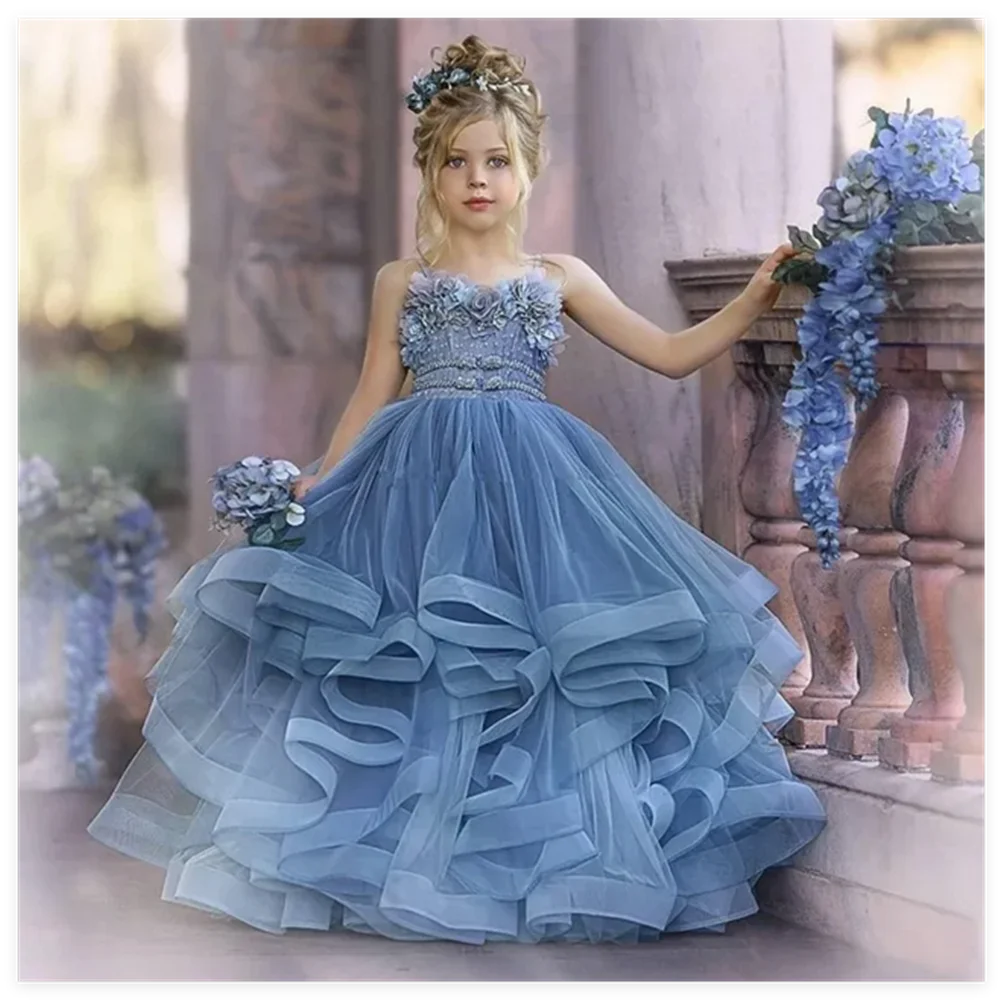 Vestidos da menina de flor tule inchado lantejoulas com arco manga curta para festa de aniversário de casamento vestidos de primeira comunhão