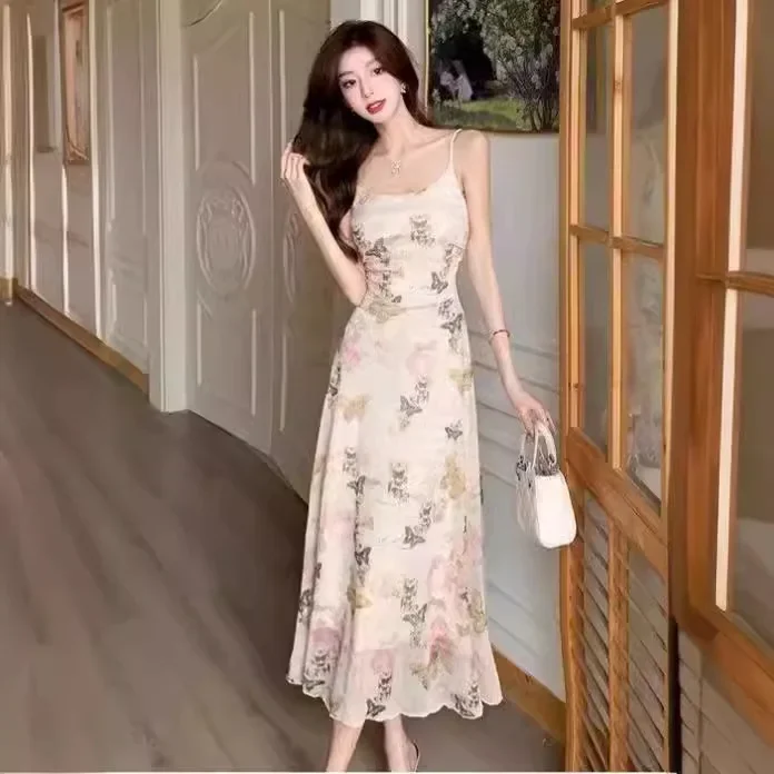 Elegant French Style Waist-Fitted A- Line Floral Dress Women's Summer Long Dress Tank Dress 2024 Summer New Arrival Sleeveless