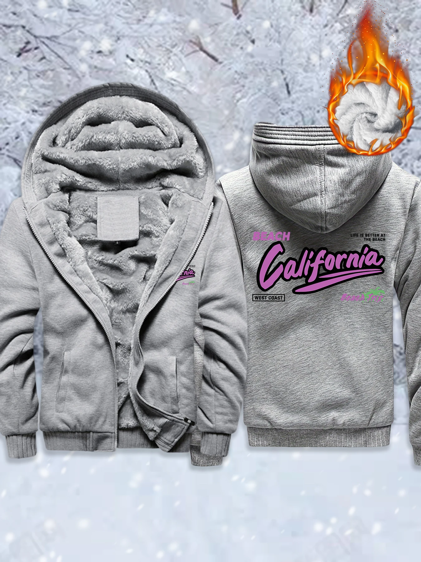 California Weat Coast Beach Trip Pattern Men Soft Fleece Jackets Thicken Warm Outwear Winter Comfy Hoodie Zip-Up Pocket Veste