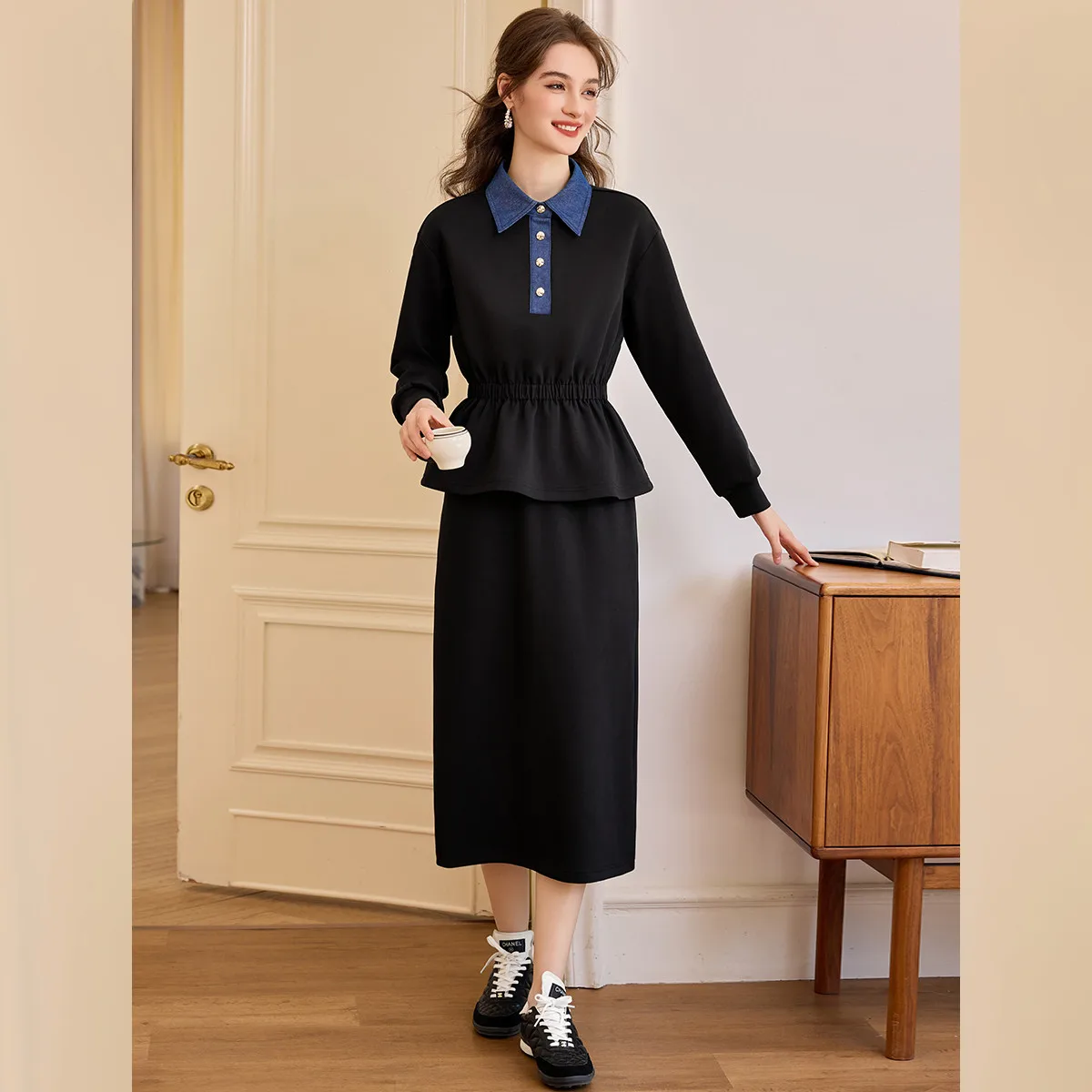 LOUIS YAO Color-Block Two-Piece Set 2025 Autumn Knitted Micro Elastic Fitted-Waist Splicing Knit Hoodie & Midi Skirt Women's Set