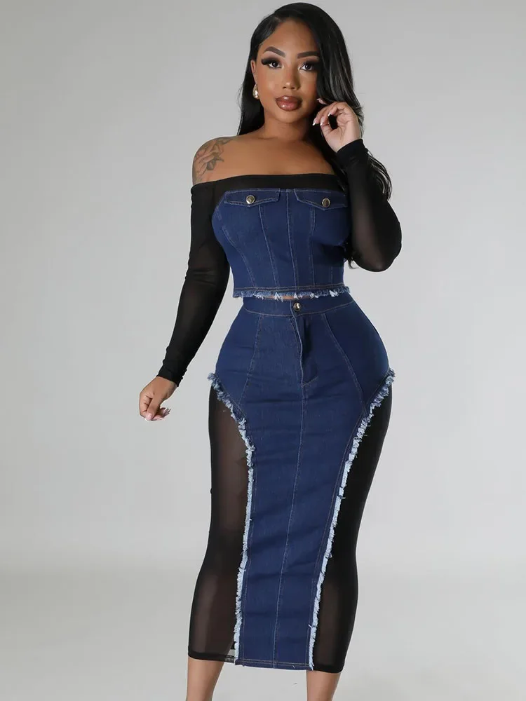 Elegant Mesh Patchwork Denim Dress Sets Womens 2 Piece Outfit Set Clubwear Slash Neck Crop Top and Long Skirt Matching Sets Chic