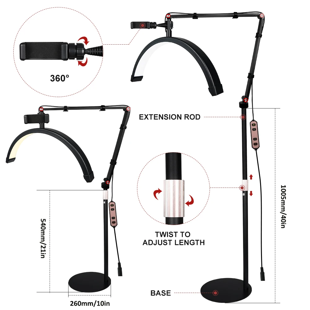 16 INCH Lash Light for Eyelash Extensions Half Moon Light 2 in 1 Foldable Lash Lamp Esthetician Light with Desk Clip for Tattoo