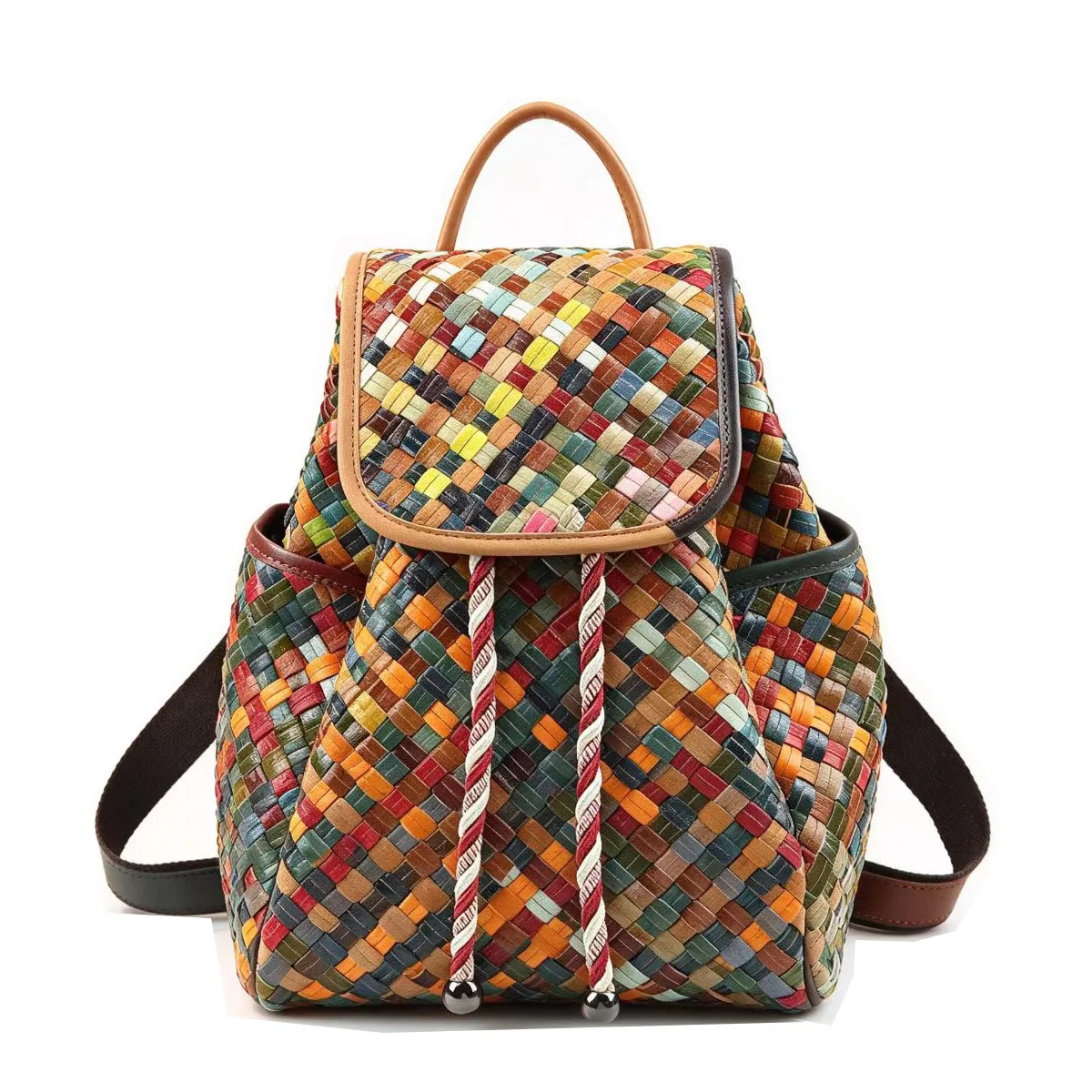 Women Colorful Woven Cow Leather Travel Backpack Multi-Color Braided Genuine Leather Rucksack Casual Shouder Bag 2026 New