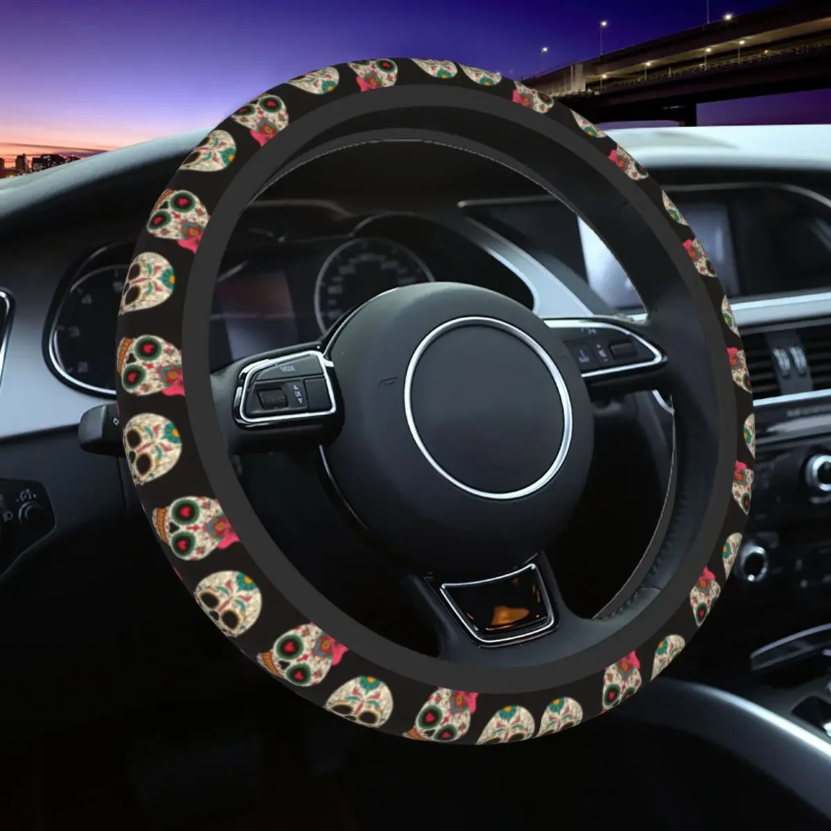 38cm Car Steering Wheel Cover Sugar Skull Elastic Mexican Style Car-styling Elastische Steering-Wheel Accessories