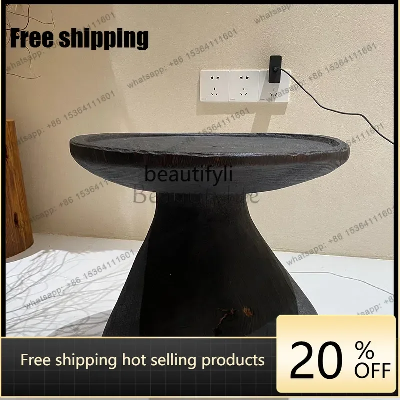 Factory Direct  Wabi Sandy Wind Solid Wood Corner Several Creative Homestay Ornament Designer Round Coffee Table