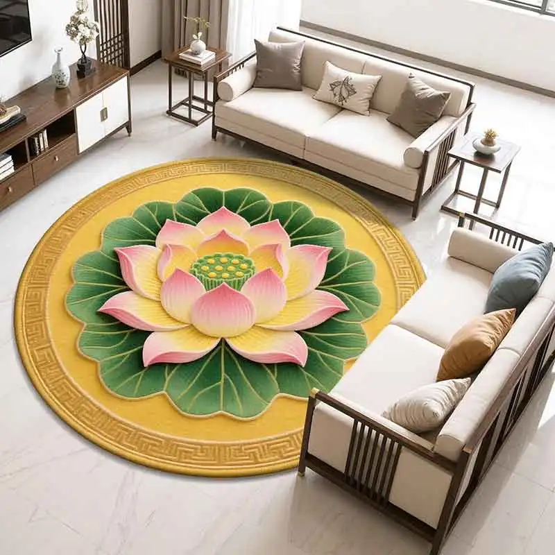 

Chinese-style Retro Crystal Velvet Carpet Circular Lotus Floor Mat Living Room Sofa Bedroom Study Slip-resistant and Waterproof
