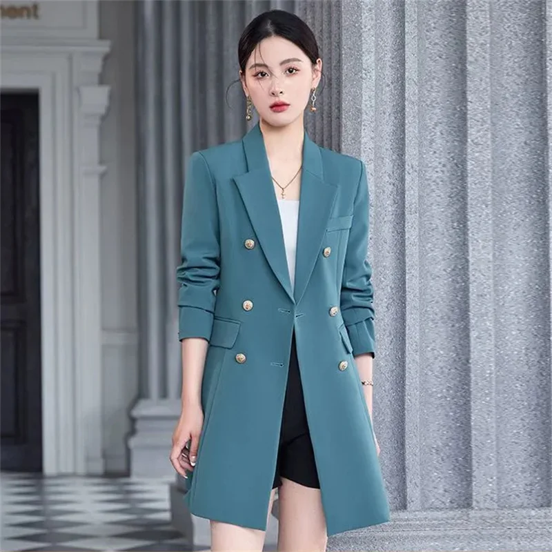 Autumn Winter Mid-Long Suits Jacket Women 2024New Suit Collar Coat Fashion Double-Breasted Outerwear Loose Elegant Blazer Female