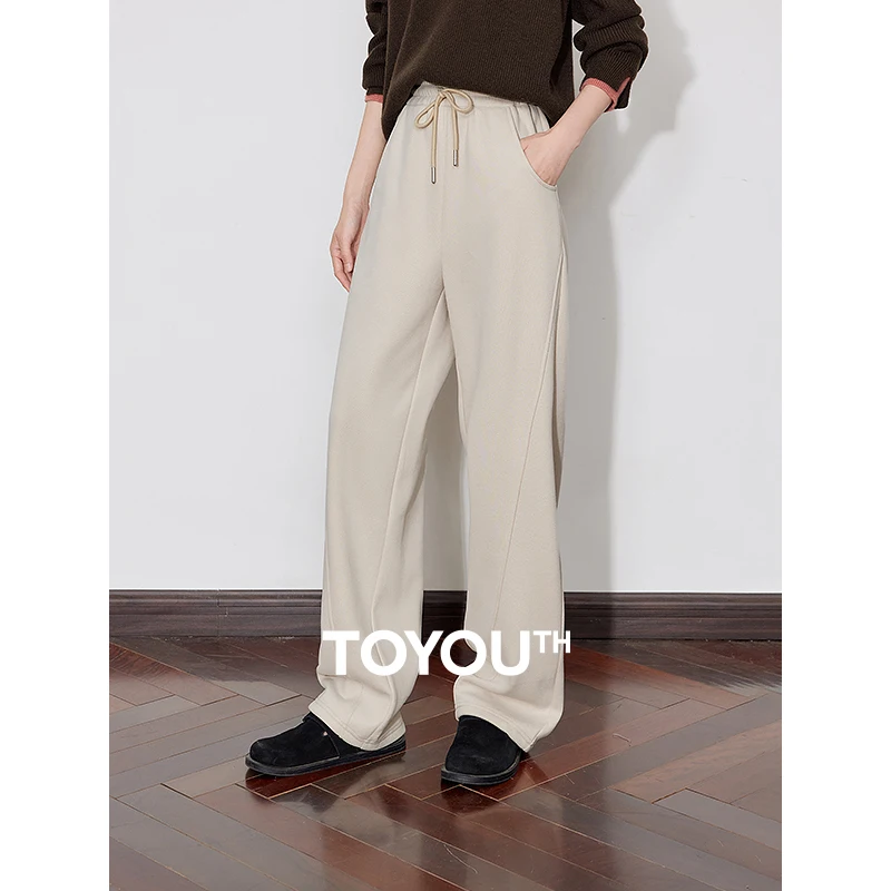 TOYOUTH Women Fleece Casual Pants 2024 Autumn Winter New Drawstring Elastic Waist Warm Straight Wide Leg Black Banana Pants