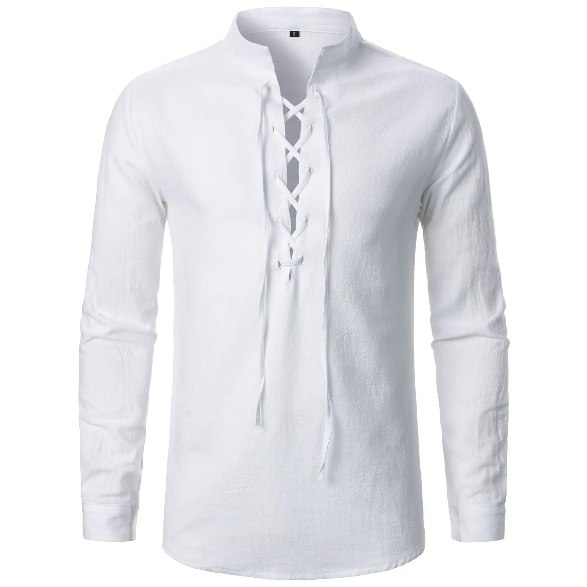 

Mens Shirts Breathable Cotton Linen Henry Shirt Formal Vintage Long Sleeve Blouse Social Camisa Lace Up Yoga Tees Chemise S-XXL