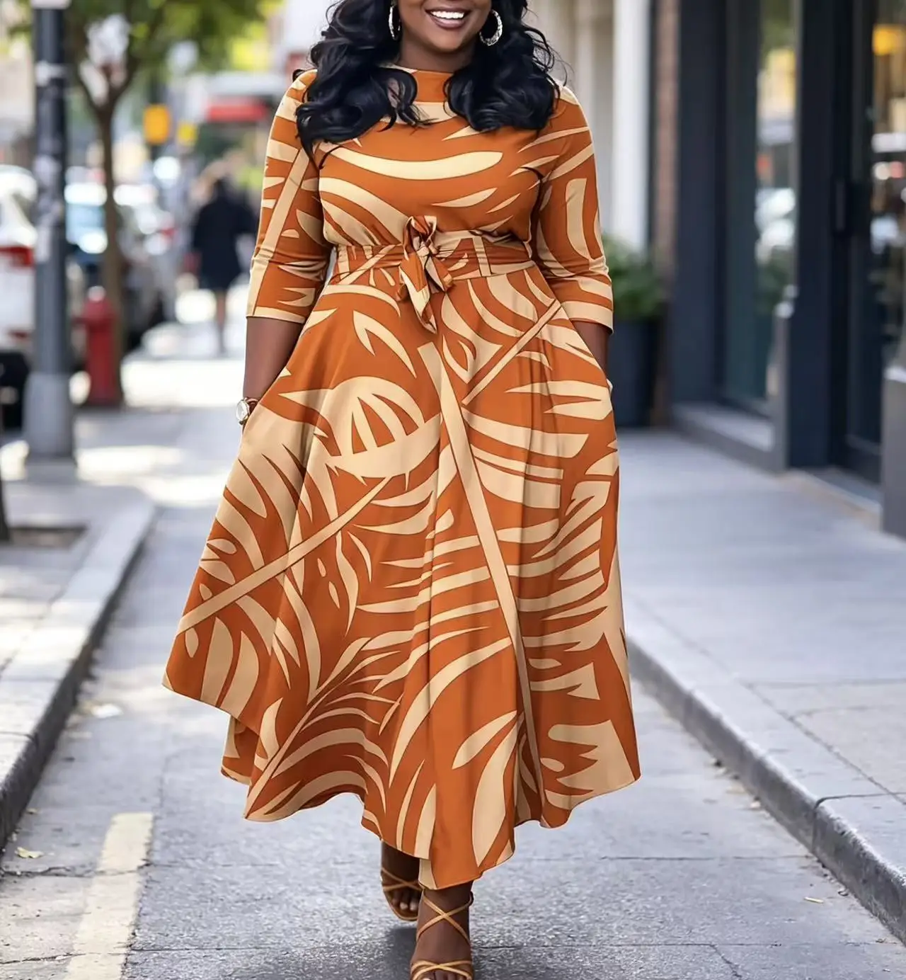 Plus Size Women Leaf Print Midi Dress, 3/4 Sleeve Tie Waist A Line Flowy Dress With Pockets