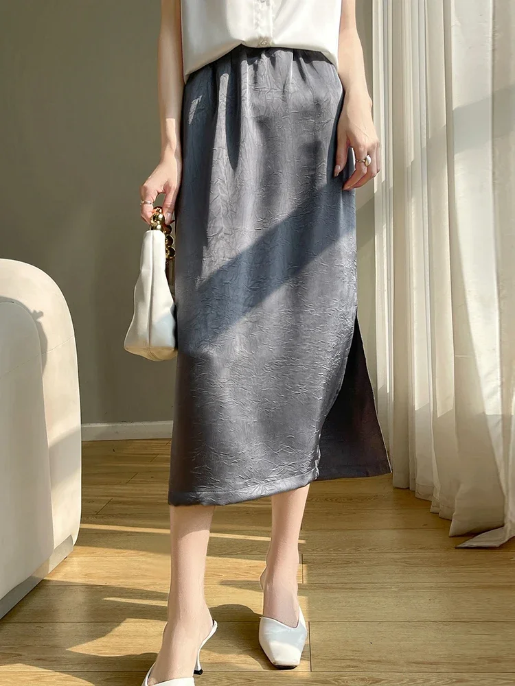 Women Artificial Silk Satin Skirt Knee-Length Embossing Flower Summer Thin Smooth Silky