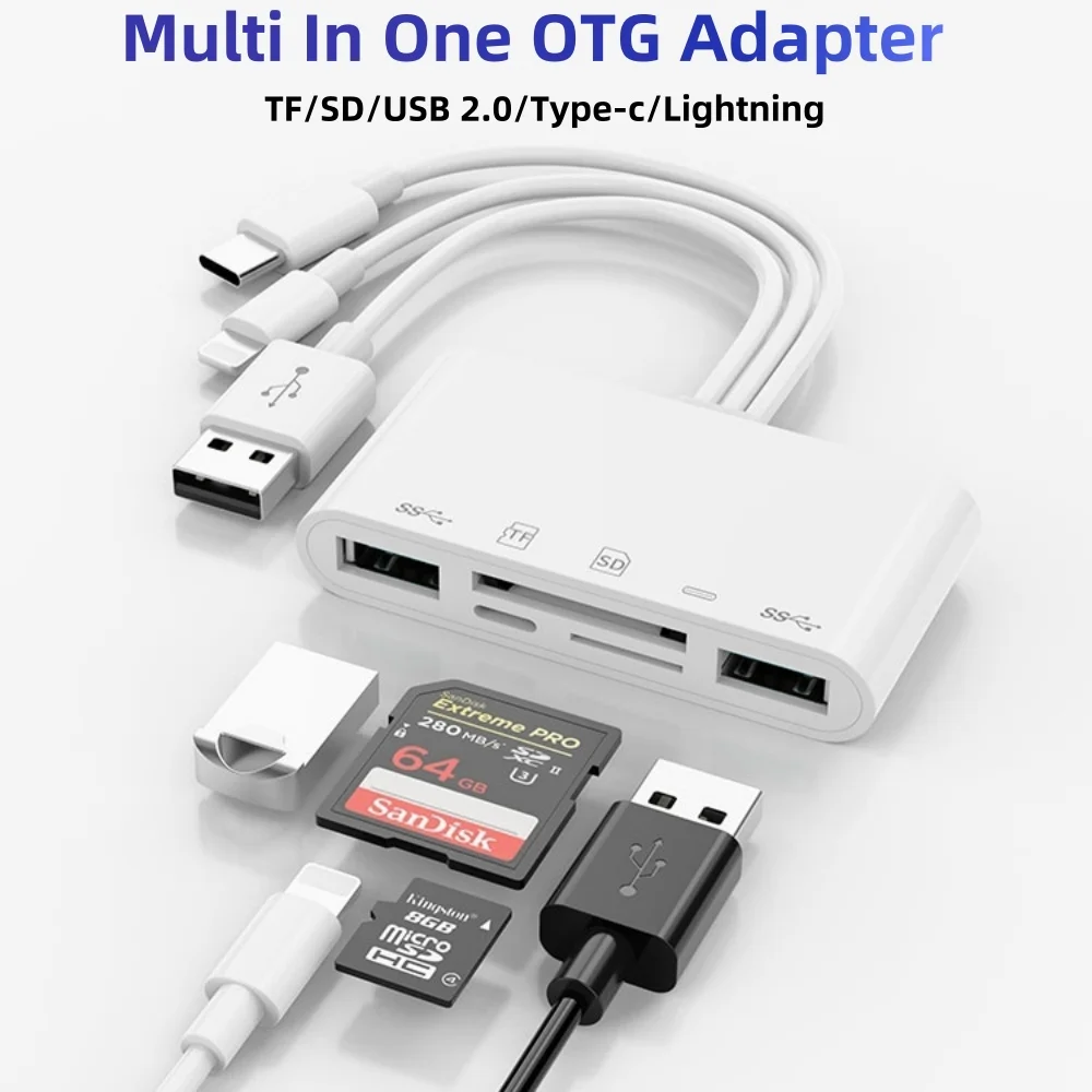 5 In 1 Card Reader Ligting Type C to USB 2.0 SD TF Memory Card multi-function OTG Reader Adapter For iPhone Xiaomi Samsung