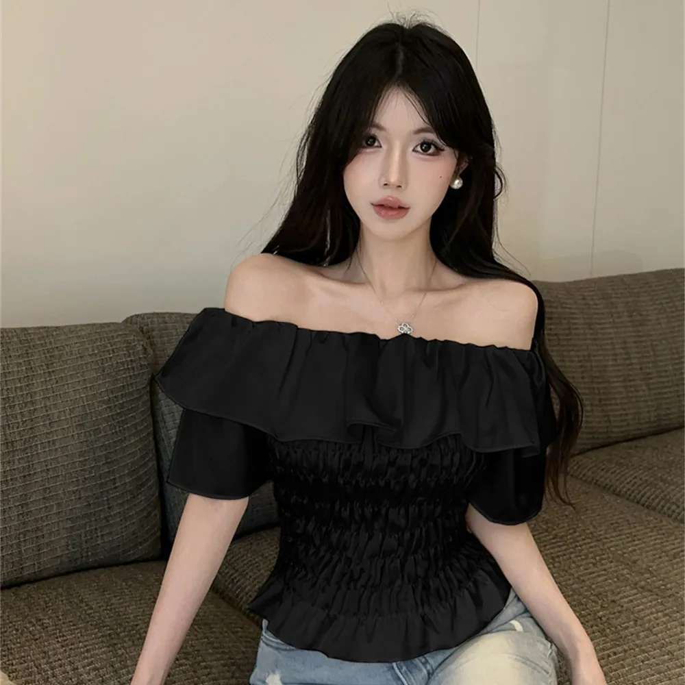 

Pure Desire Style Short Silk T-Shirt Overhead One-Shoulder Bony Slim Fit Sweet Style Summer Casual Wear for Young Women