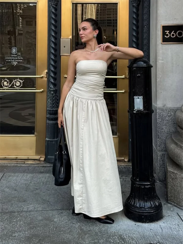 

Женское белое плиссированное платье макси без бретелек, сексуальное, с открытой спиной, без плеч, А-силуэт, облегающее, для вечеринок, 2026