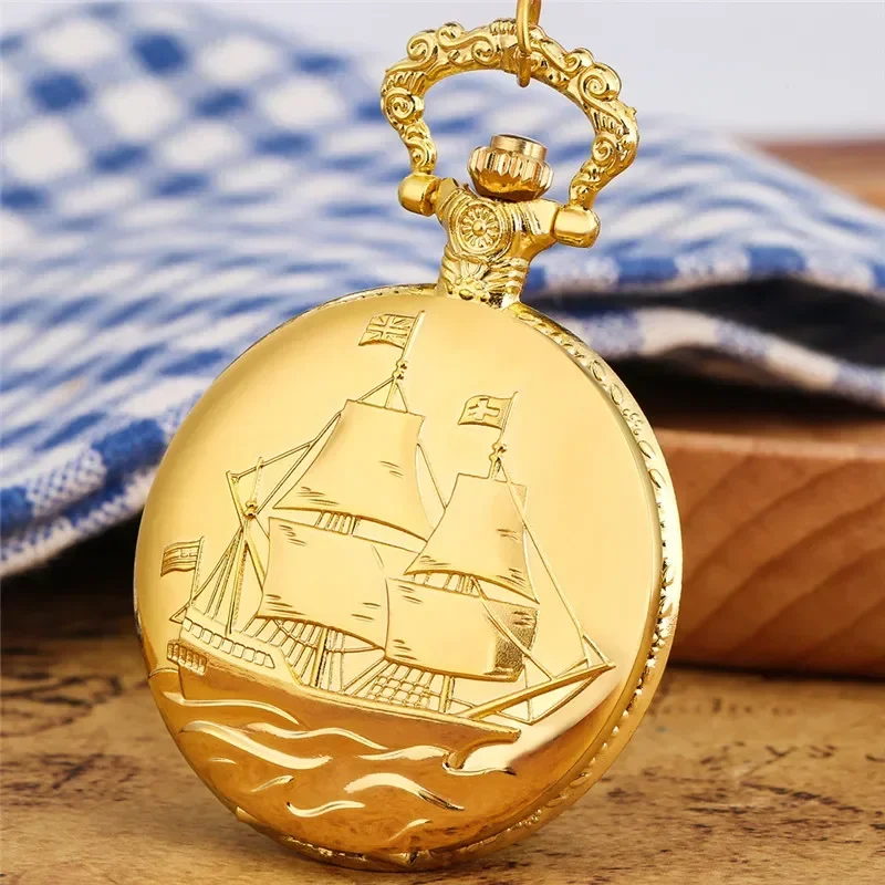 Vintage Golden Sailing Canvas Boat Men Women Quartz Analog Pocket Watch Full Hunter Arabic Numeral Necklace Pendant Chain Clock