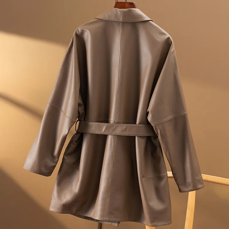 Veste surdimensionnée en cuir pour femme, manteau en peau de mouton à manches longues avec ceinture, nouvelle collection automne-hiver 2023, FG5452