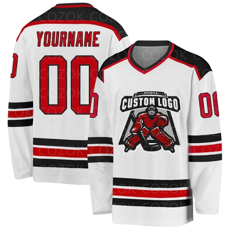 Custom White Red Hockey 3D Print You Name Number Men Women Ice Hockey Jersey Competition Training Jerseys