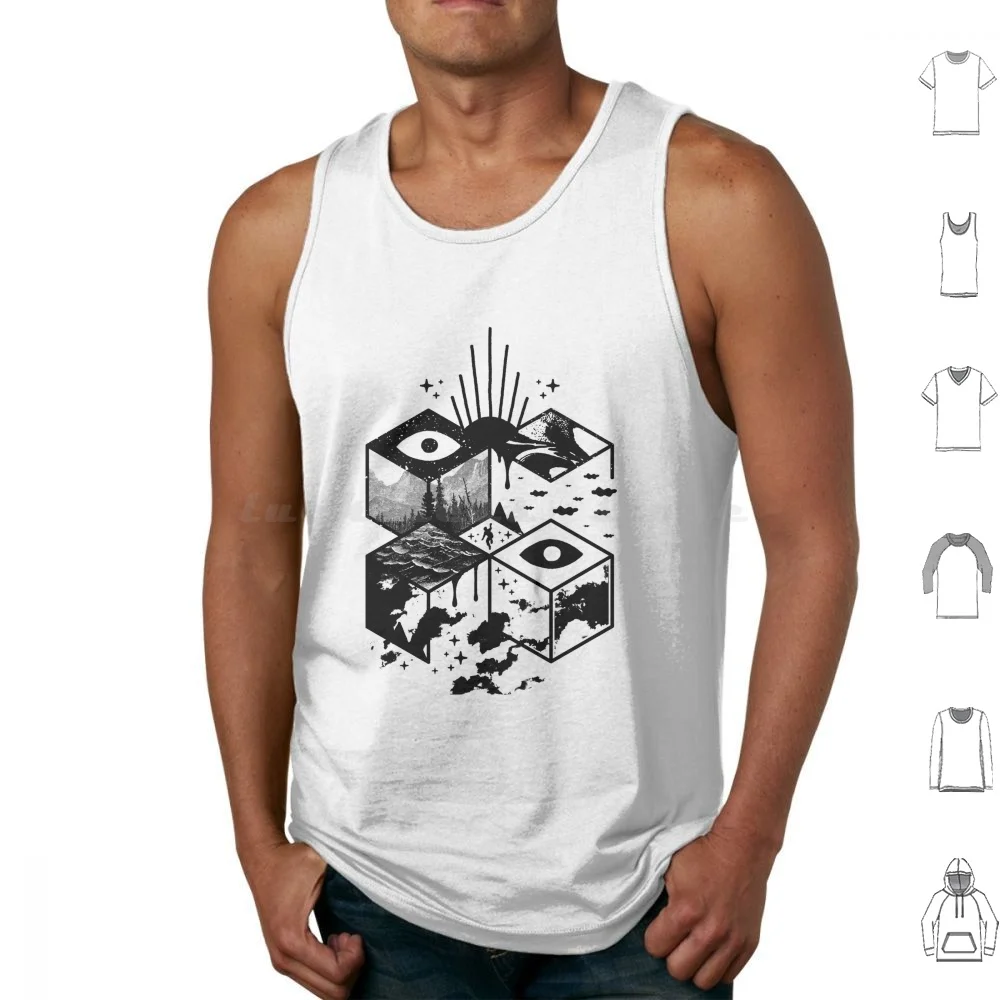 Dimensional Disruption Tank Tops Vest Sleeveless Dimensions Geometric Illustrative Black And White Eyes Shapes Dream