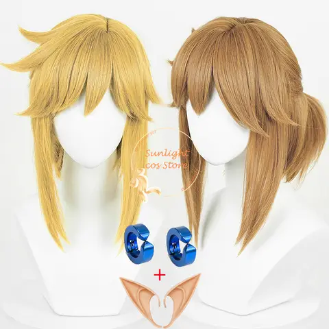 Zelda Link Cosplay Wig Short Dark Brown/Golden Princess Link Anime Wigs Heat Resistant Synthetic Hair Halloween Wig + Wig Cap