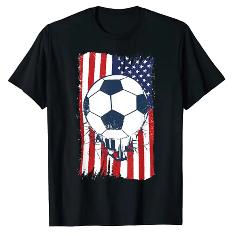 Soccer USA Flag T-Shirt, Soccer Ball Graphic Boys Kids Tee Top Sports Men Clothing American Football Fans Outfits Basics Outfits