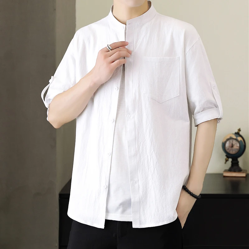 

Casual Cotton Linen Men's irt f Sve Stand Collar Faionable Summer New Sle Korean Version Stand Fit Button Detail
