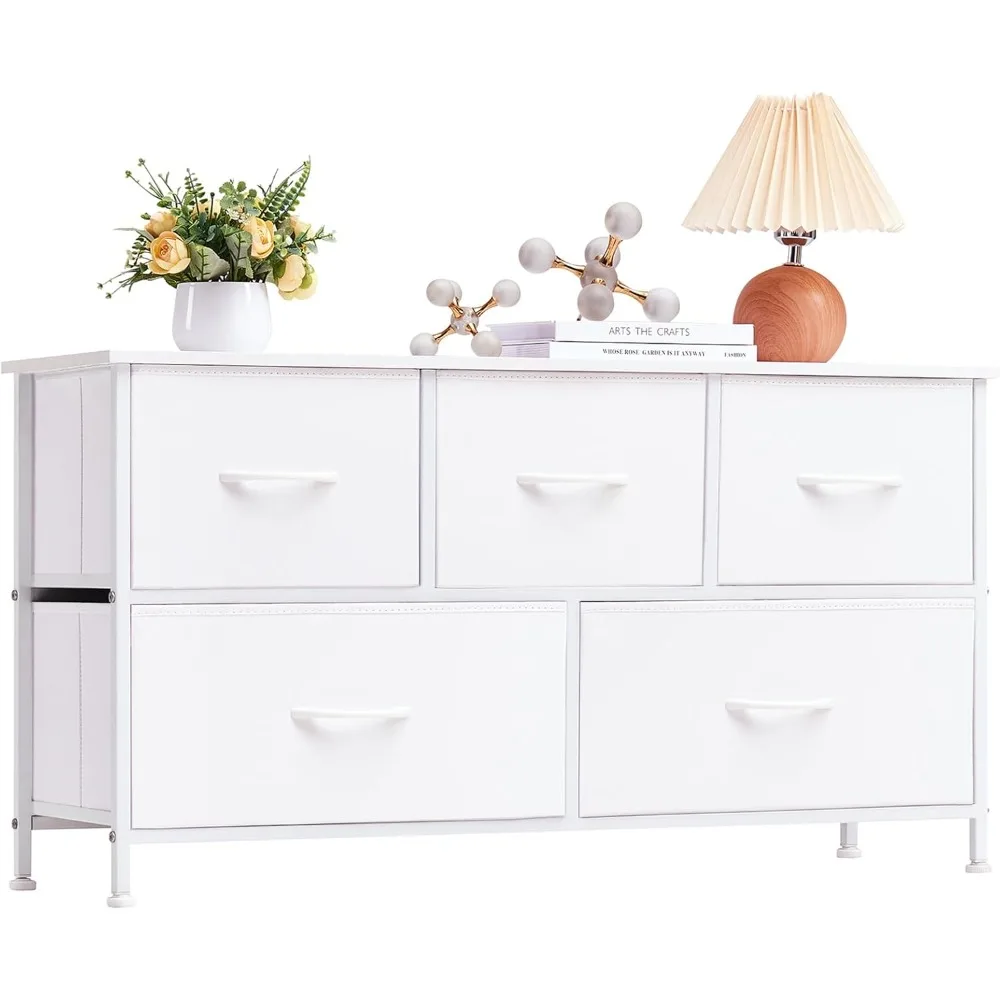 

Dresser for Bedroom with 5 Drawers, Wide Storage Organizer Chest of Drawers with Fabric Bins for Closet Bedside Nursery Living