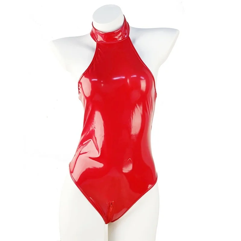 Sexy Lady Faux Leather Latex Catsuits With Belt High Cut Wetlook PU Lingerie Bodysuit Clubwear Costumes Gloves Long Stockings