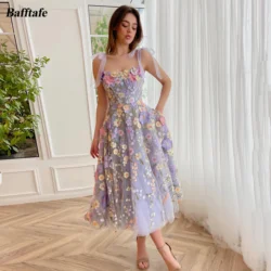 Customized Light Lavender Floral Prom Gowns Tied Straps Embroidery Midi Party Dresses Tea-Length Formal Special Occasion Gowns