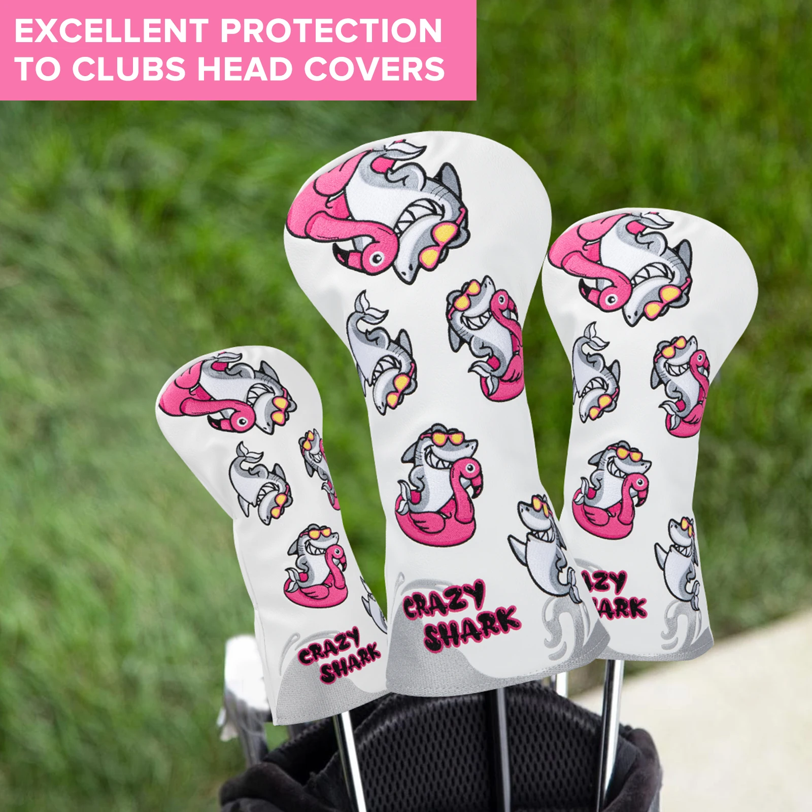 Cute Pink Dolphin Premium Leather Golf Headcovers, Golf Driver Fairway Wood Hybrid Head Cover, Embroidery with Number T, Gift
