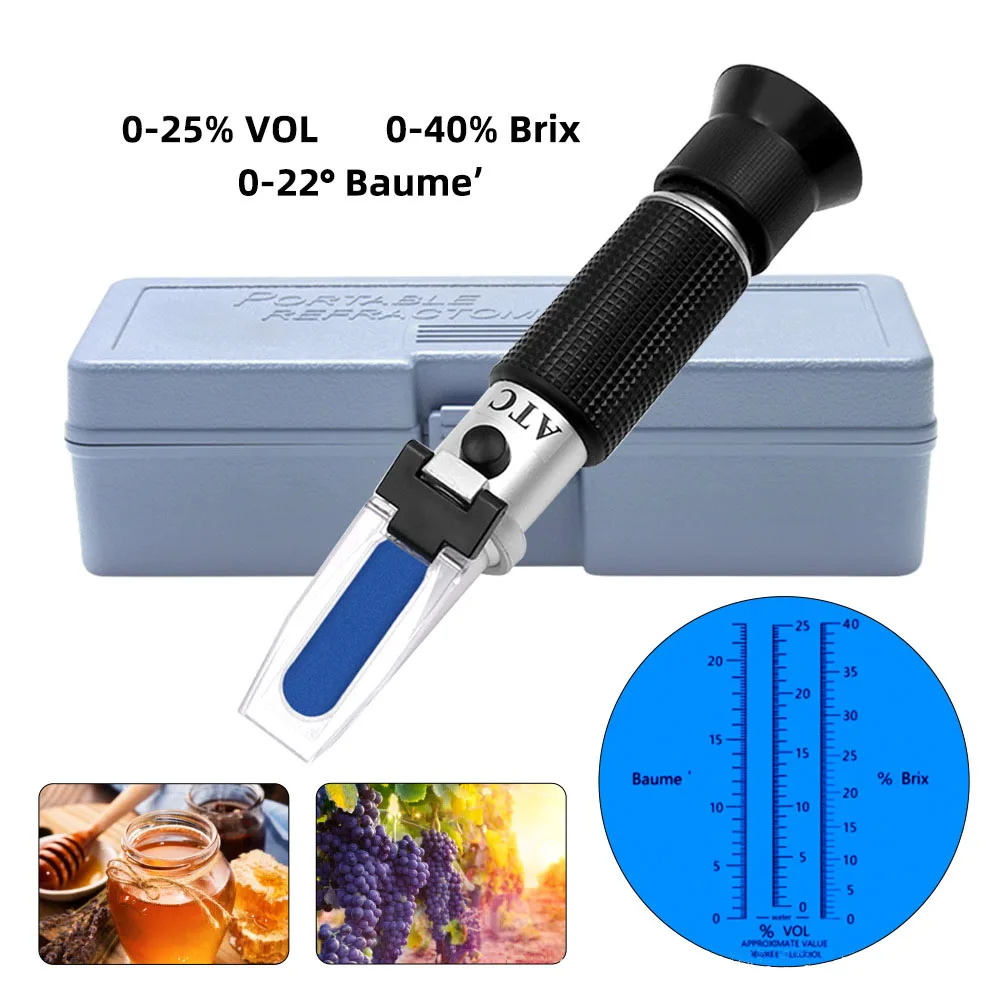 U50 New Portable 3 In 1 Hand Held Grape & Alcohol Wine Refractometer (Brix, Baume and W25V/V Scales)