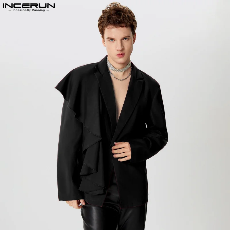 INCERUN Tops 2024 American Style Fashion New Mens Sloping Flounce Design Suit Coats Casual Simple Male Long Sleeved Blazer S-5XL