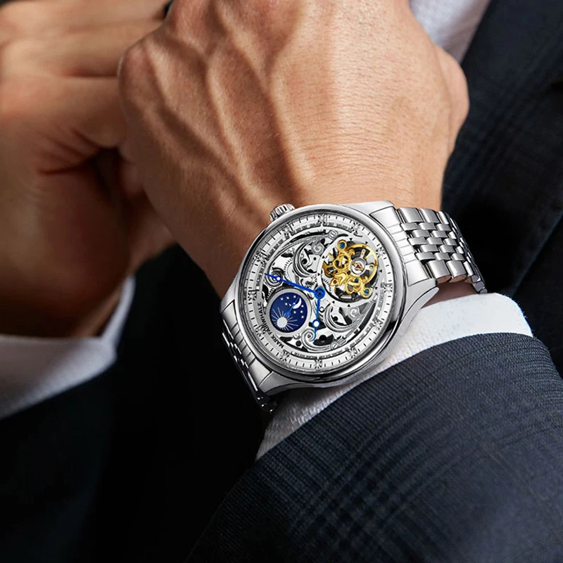 Mark Fairwhale Brand Luxury Tourbillon Mechanical Watch Men Leather Strap Fashion Automatic Moon Phase Skeleton Watches Mens