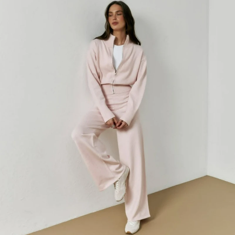 Damen Strickpullover mit Reißverschluss und Hosen-Sets, Zweiteilige Einfarbige Pullover mit Kragen, Weite Lange Hosen, Lässige Anzüge, Dick, Sportlich, Herbst Winter