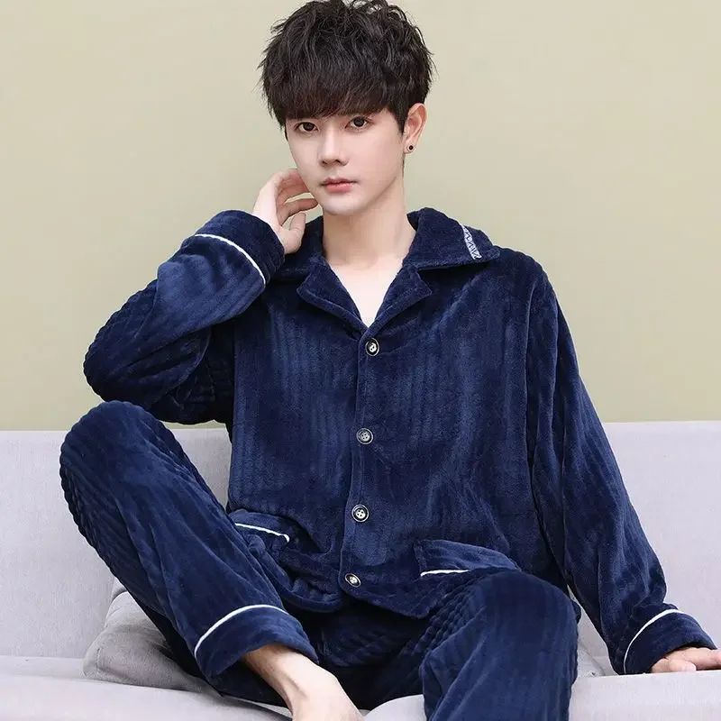 Coral Velvet Sleepwear Men Pajamas Set Warm Button Thick Long Sleeve Pants Nightwear Flannel Homewear Sets Korean Fashion New