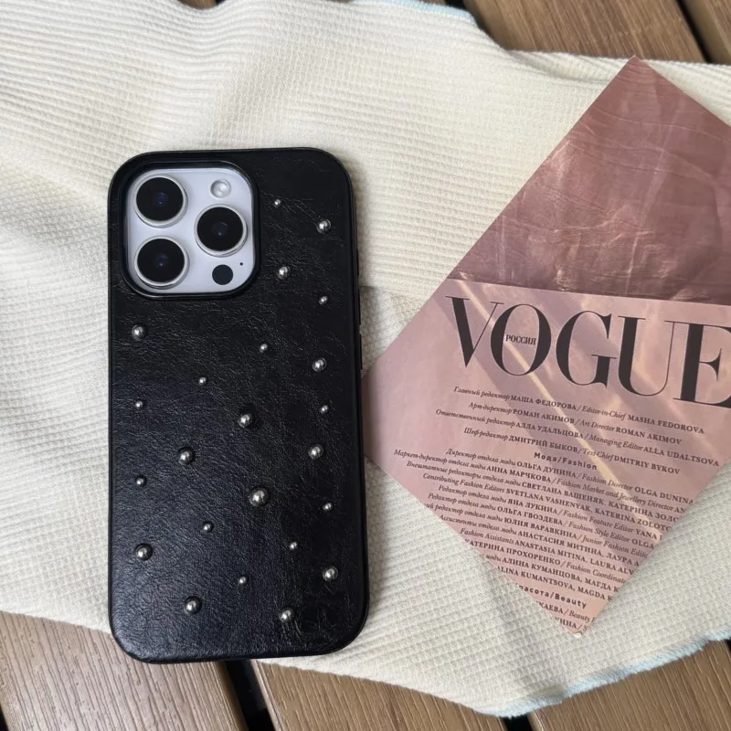 for iPhone 17 16 15 14 Pro Max 17Air Case Fashion Advanced Black Leather Stereoscopic Small Round Bead Rivet Phone Cover