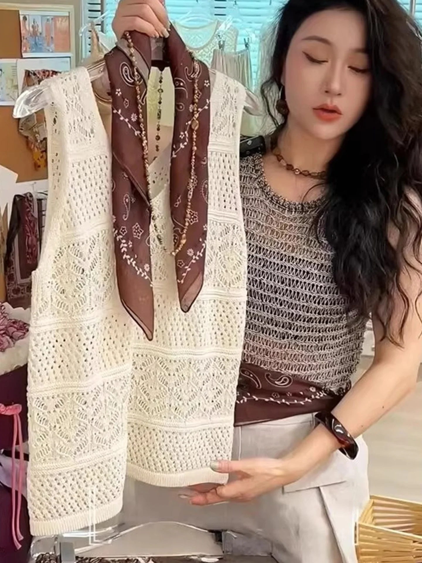 Lace Knitted Hollow out Comfortable Lazy Sle Summer Top Svel Hoodie Vest Slimming Effect Versatile Faionable