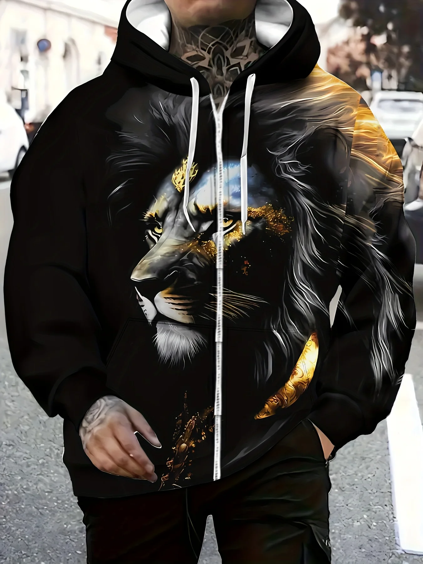 [Hoodie estiloso] Moletom com capuz com zíper e estampa de leão elegante |   Pulôver masculino de manga comprida com cordão, bolsos e tecido de poliéster quente