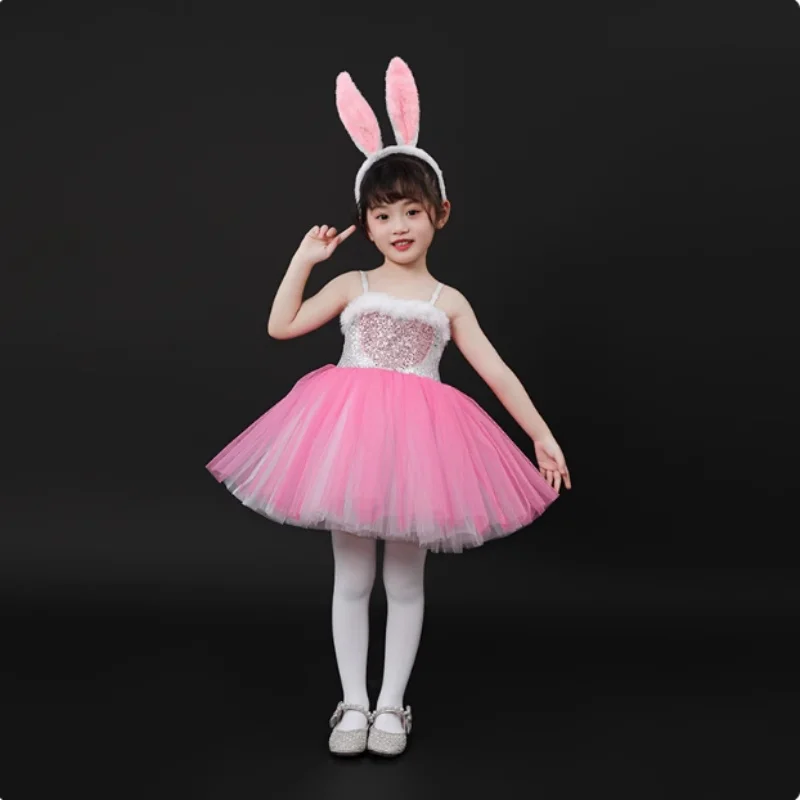 فستان رقص جديد مزين بالترتر وردي لامع زي رقص للفتيات احتفال بالمهرجان فستان رقص حديث أداء فستان ملون