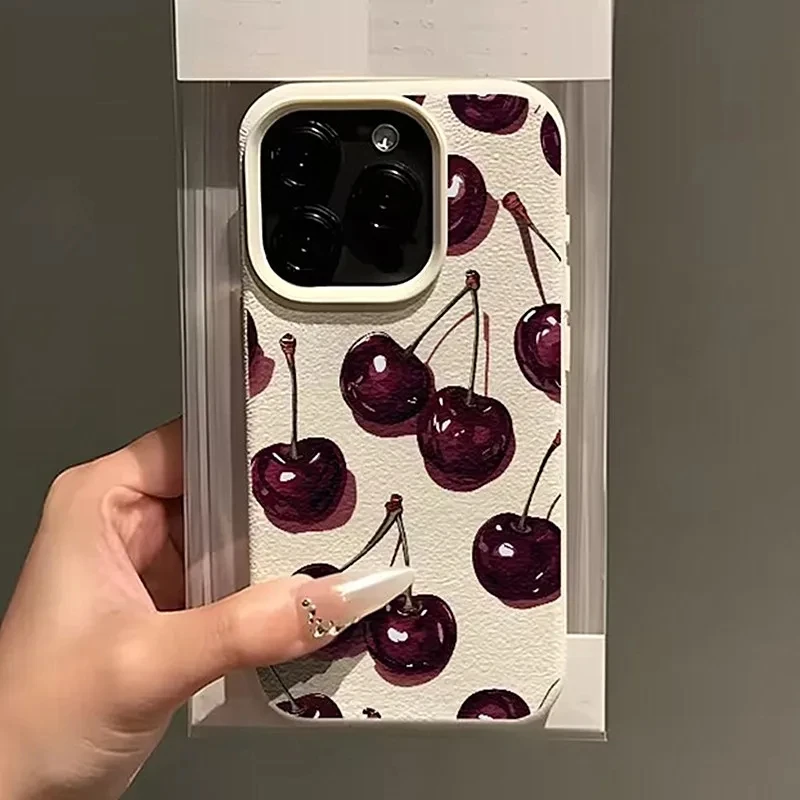 Picture 3: Full Screen Wine Red Cherry Pattern Lychee Texture Phone Case For iPhone 17 AIR 16 15 14 13 12 11 Pro MAX Plus Y2K Matte Cover
