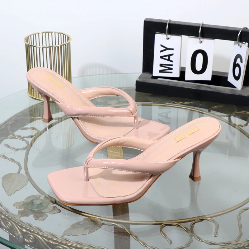 High-heeled flip flops women\'s shoes in summer 2024 patent leather ladies sandals wild black slippers luxury high heeles