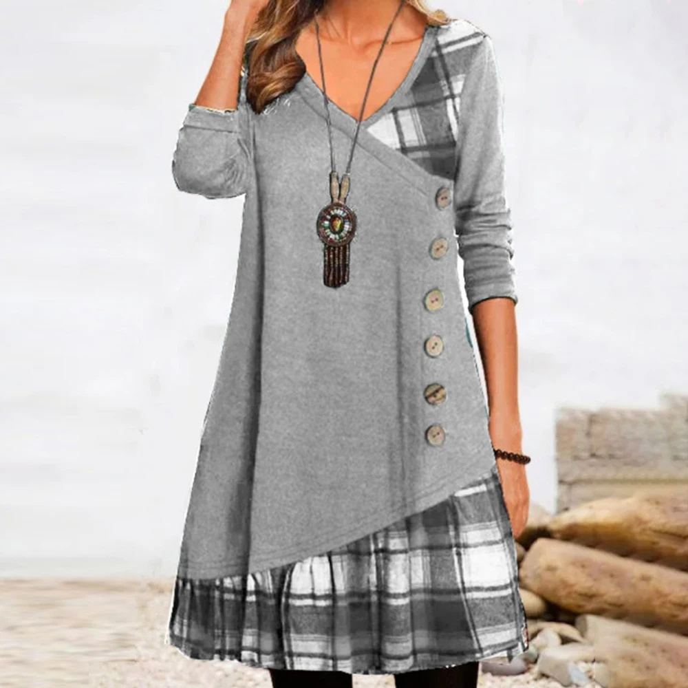 Women's Long Sleeve Button Check Patchwork Dress Ladies V Neck A-Line Casual Night Gown Plus Size Clothing 2024