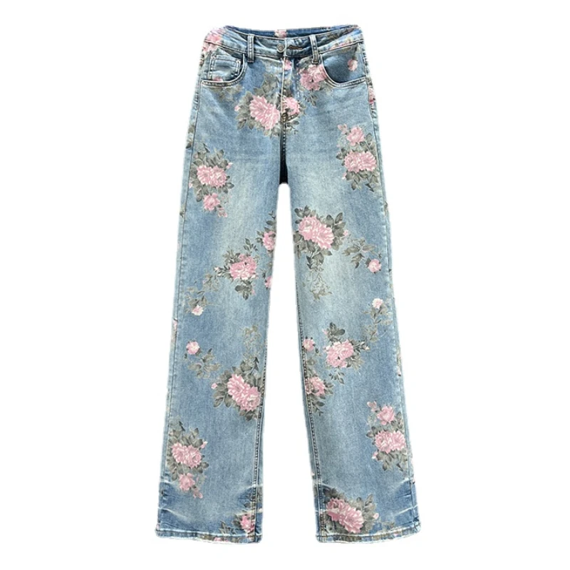 

Ethnic Flower Print Wide-Leg Jeans Women's 2024 New Spring High Waist Loose and Slimming Chinese Style Mop Trousers Pants