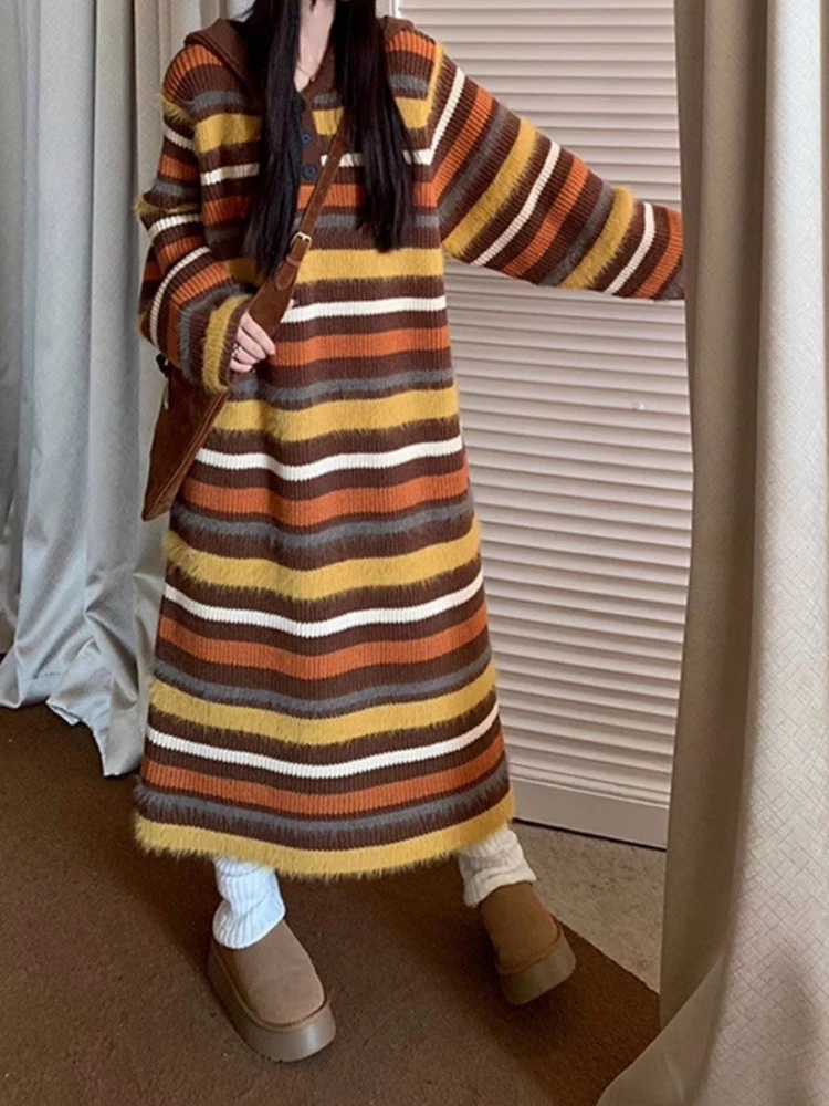الخريف الشتاء خمر فستان طويل مخطط الألوان المتناقضة الملابس النسائية عادية فضفاض مقنعين زر مستقيم محبوك فساتين