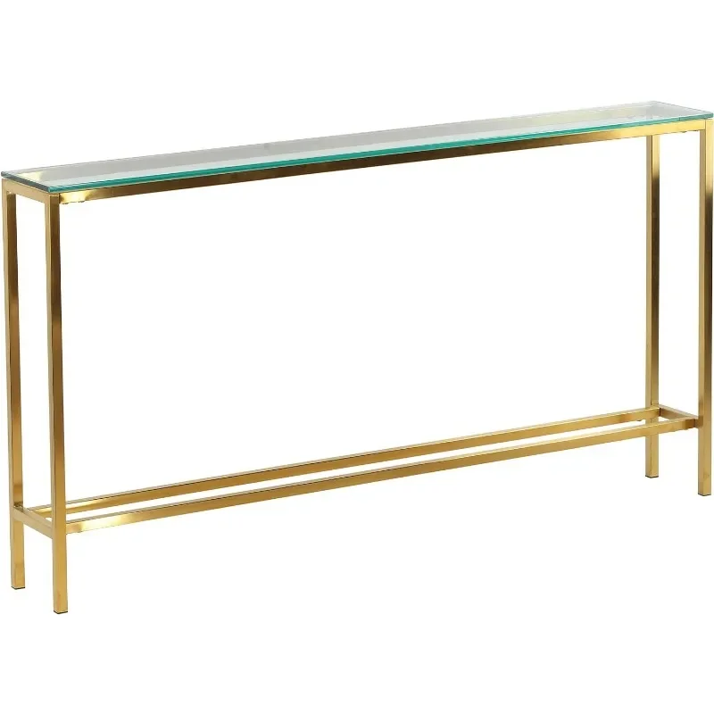 Cortesi Home-Mesa consola Juan, 56 "x 8", Color dorado cepillado con cristal transparente de 10mm, CH-AT656930